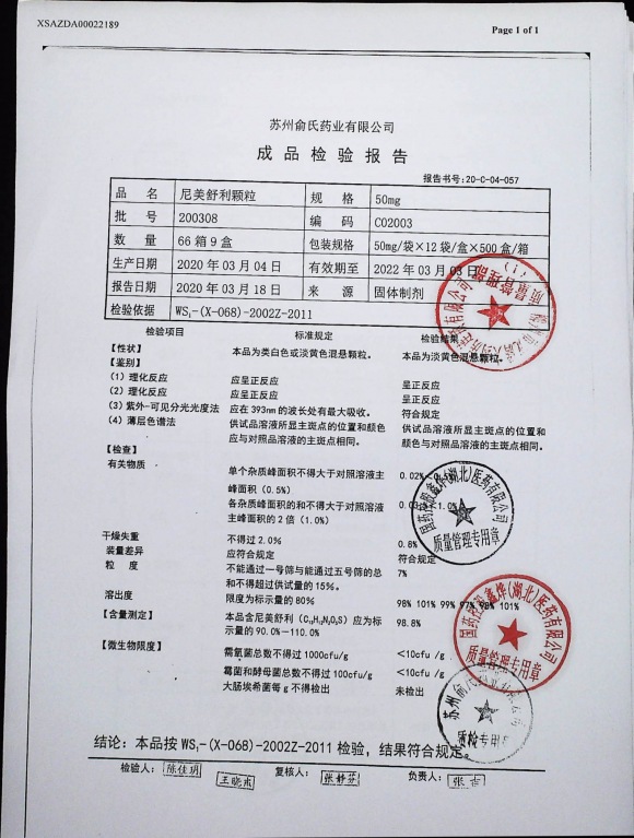 尼美舒利颗粒200308的封面