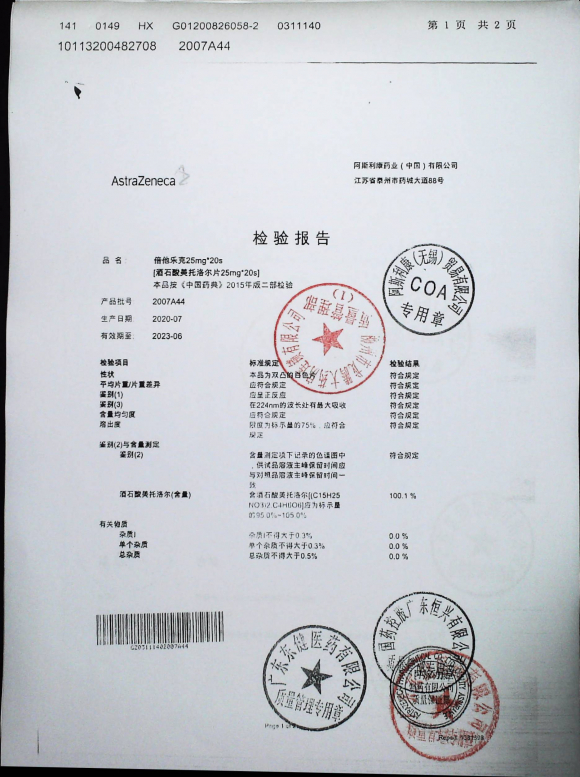 酒石酸美托洛尔片（倍他乐克）2007A44的封面