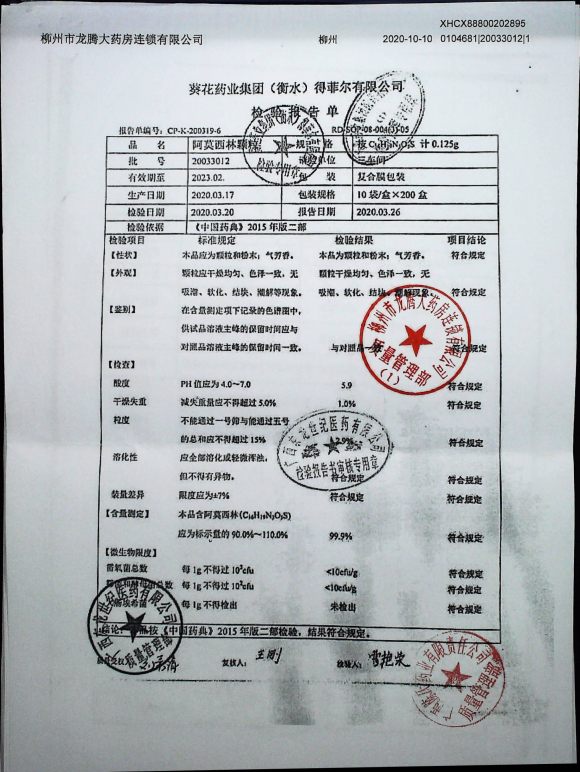 阿莫西林颗粒20033012的封面