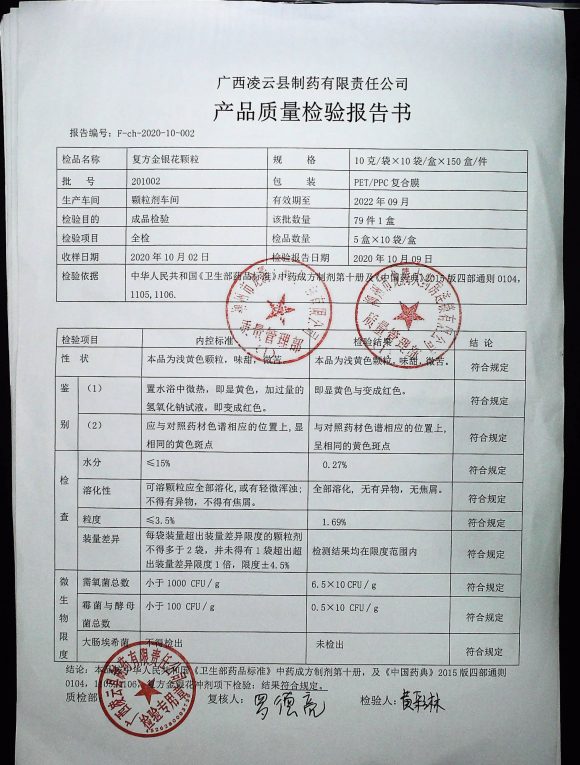 复方金银花颗粒201002的封面