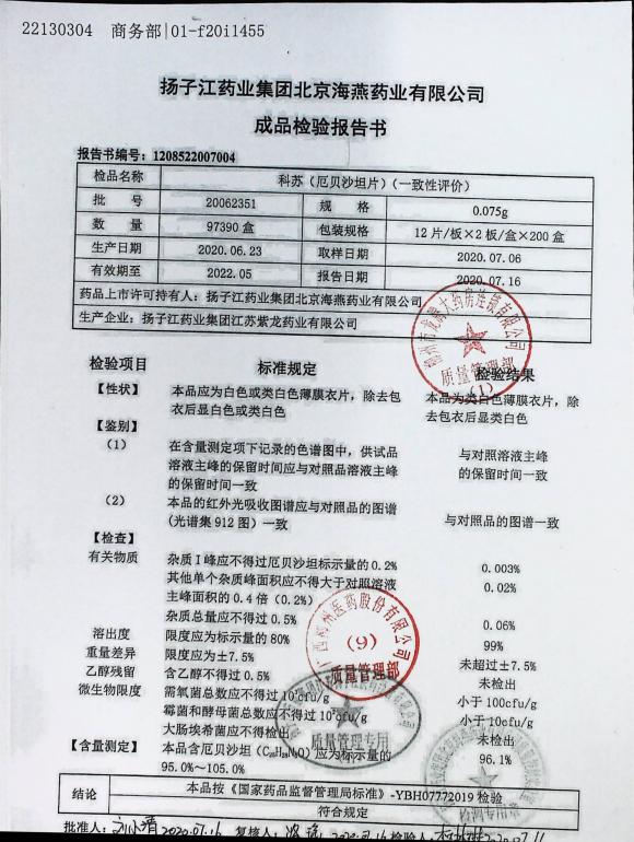 厄贝沙坦片（科苏）20062351的封面