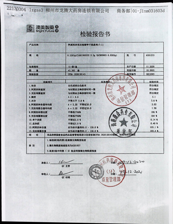 阿莫西林克拉维酸钾干混悬剂6201233(3)的封面