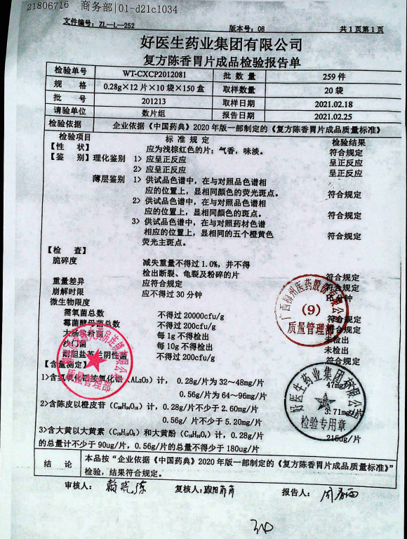 复方陈香胃片201213的封面
