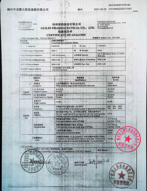 盐酸左旋咪唑片ZX201104的封面