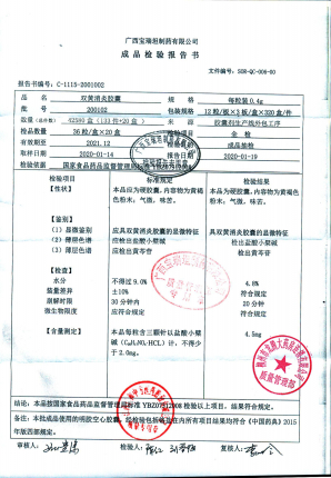 广西宝瑞坦双黄消炎胶囊200102的封面