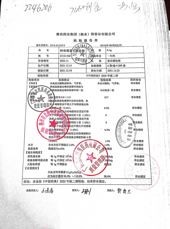 阿奇霉素干混悬剂21121506的封面