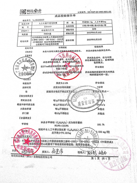 人工牛黄甲硝唑胶囊2203009的封面
