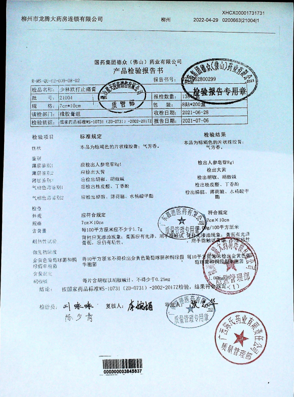 少林跌打止痛膏21004的封面