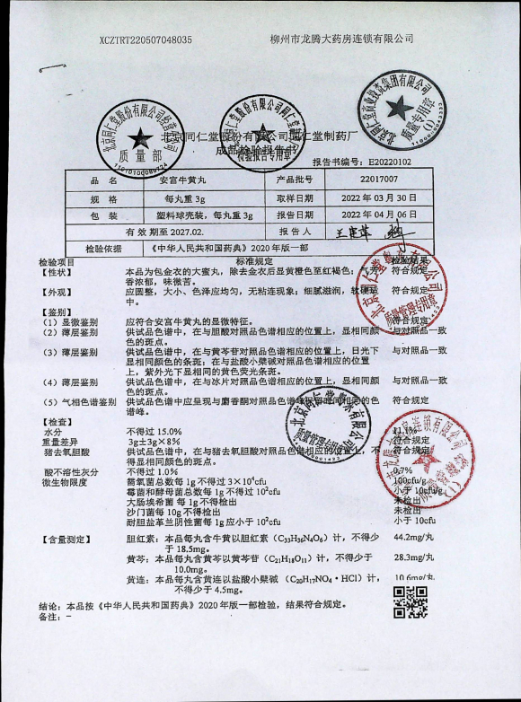 安宫牛黄丸22017007的封面