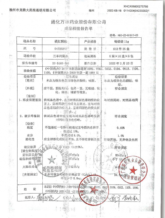 橘红颗粒04220202的封面