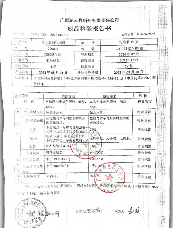 复方金银花颗粒220802的封面