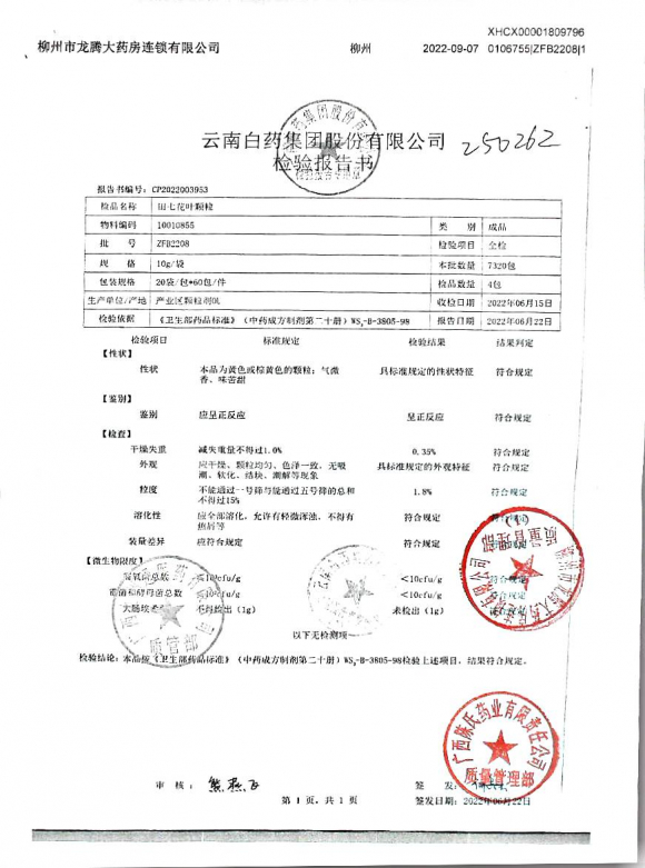 田七花叶颗粒ZFB2208的封面