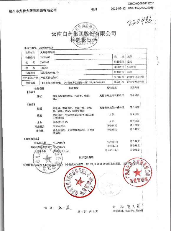 风热感冒颗粒ZAA2208的封面