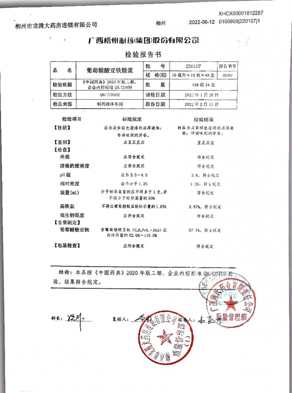 葡萄糖酸亚铁糖浆220107的封面