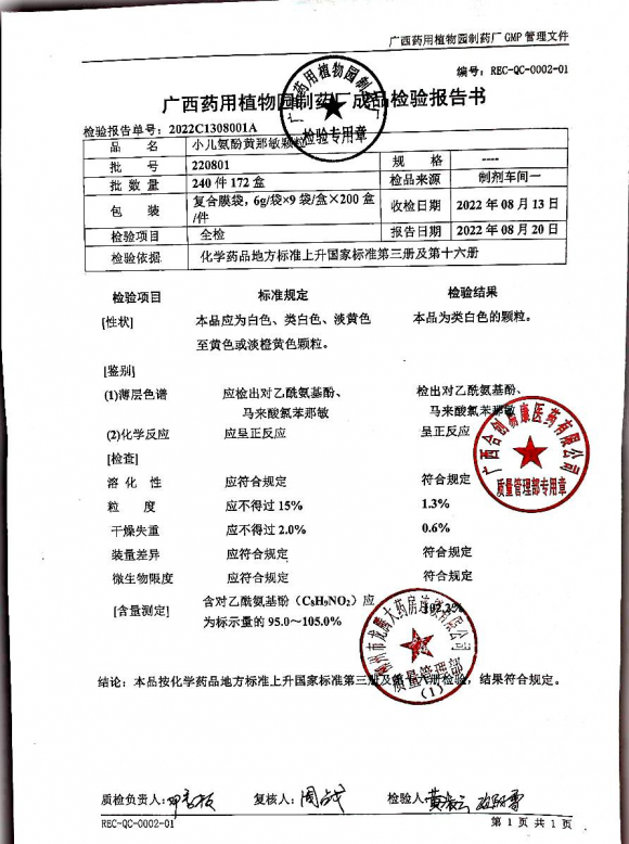 小儿氨酚黄那敏颗粒220801的封面