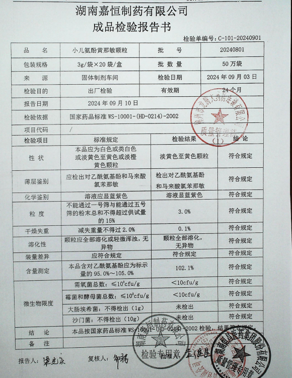 小儿氨酚黄那敏颗粒20240801的封面