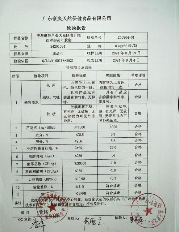 美澳健牌芦荟大豆膳食纤维西洋参荷叶胶囊24201034的封面