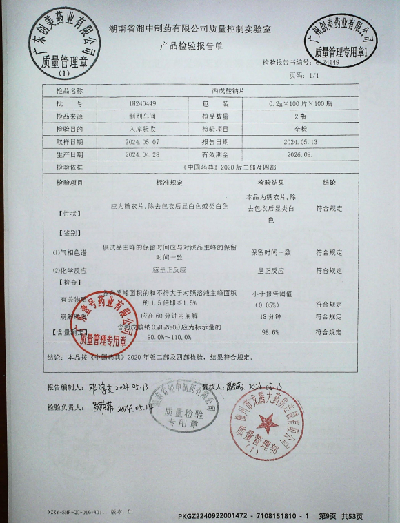 丙戊酸钠片1H240449的封面