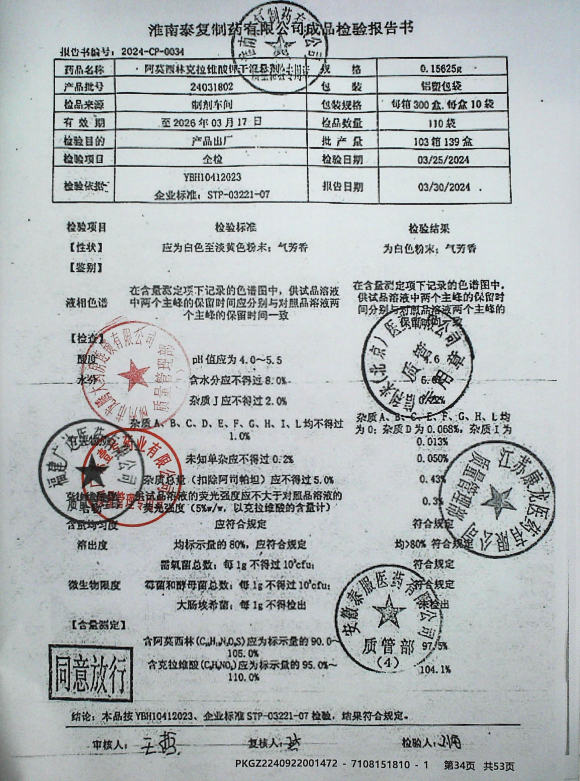 阿莫西林克拉维酸钾干混悬剂24031802的封面