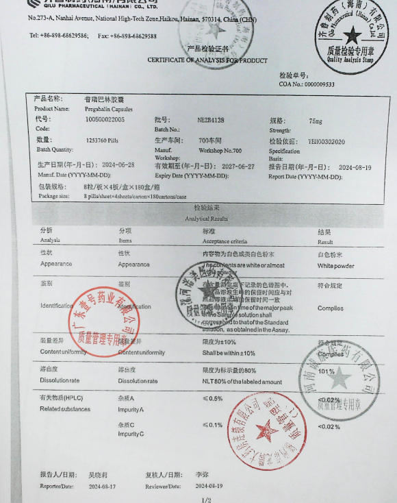 普瑞巴林胶囊NE2B4138的封面
