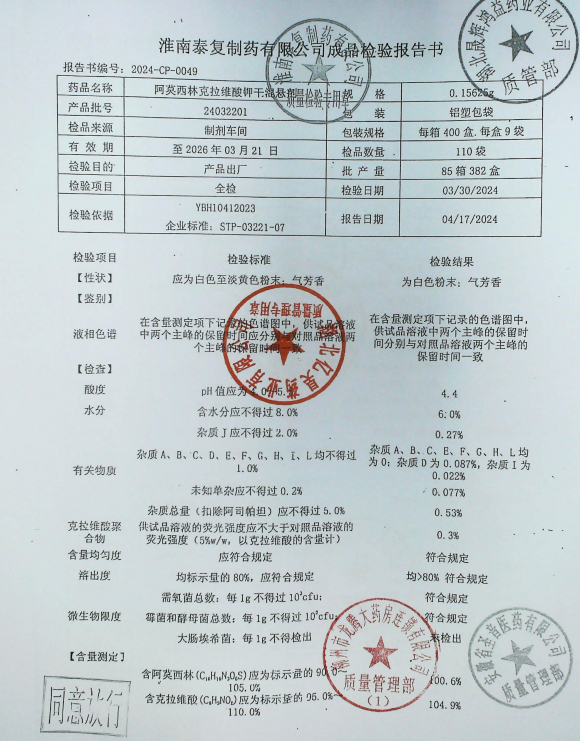 阿莫西林克拉维酸钾干混悬剂24032201的封面